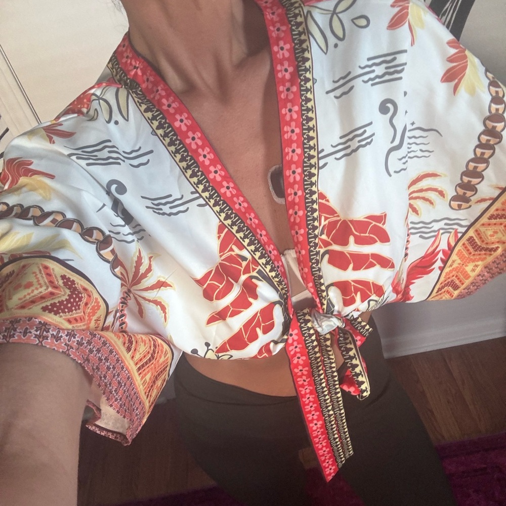 Floral Kimono Sleeve Tie-Front Top - Picture 2 of 2